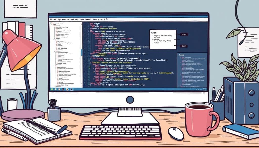 Generate an image of a web developer's workspace with various tools and frameworks on the screen.