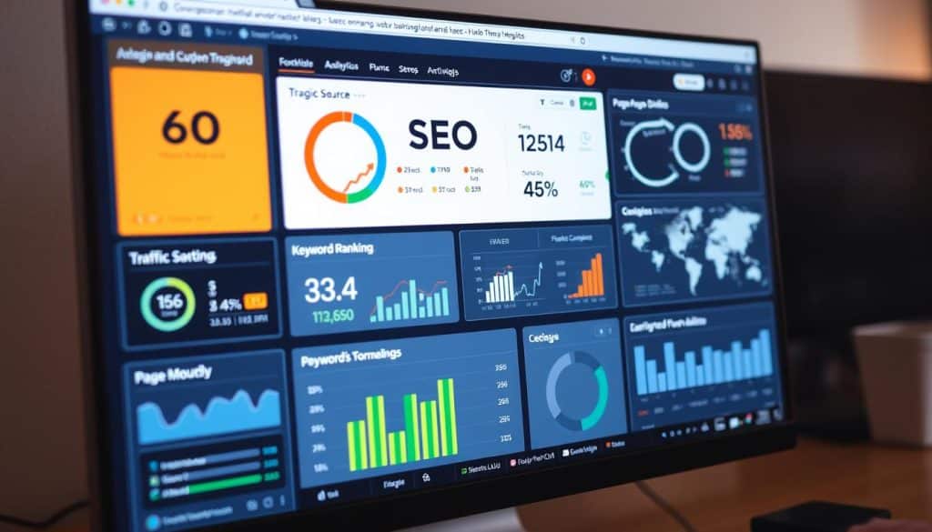 Generate an image of a website on a computer screen with SEO metrics and analytics displayed.