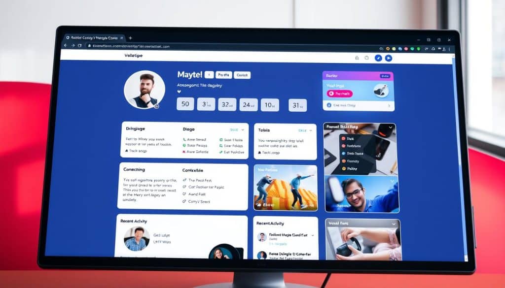 Generate an image of a well-designed profile page website on a desktop screen.