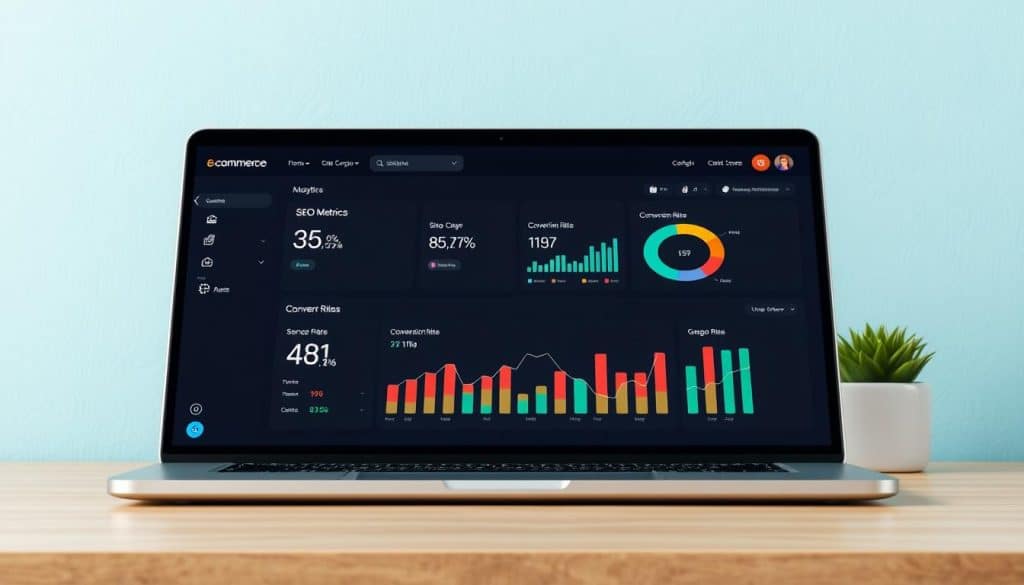 Generate an image of an e-commerce website on a laptop screen with SEO metrics and conversion rates displayed.