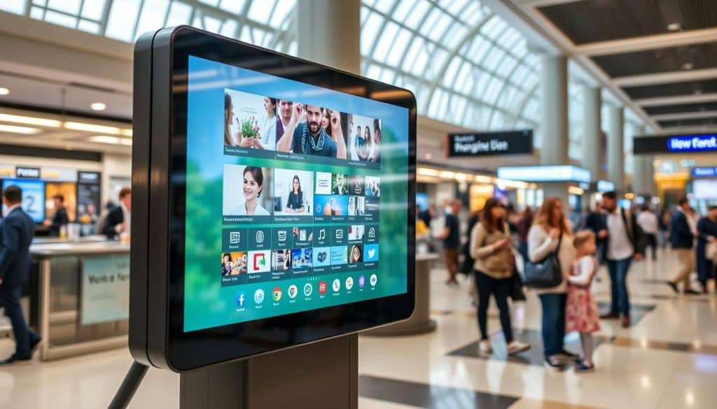Generate an image of an interactive digital signage display in a public space.