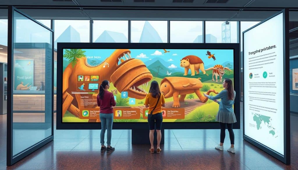 Generate an image of an interactive touch screen display in a museum or educational setting.