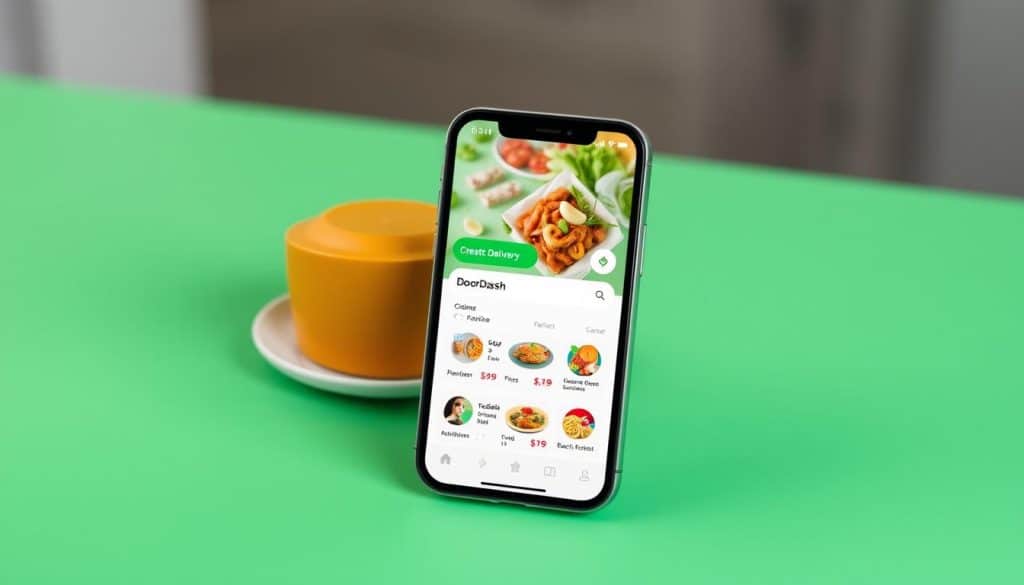 Generate an image of the DoorDash food delivery app interface on a mobile device, showcasing its user-friendly design and modern aesthetic.