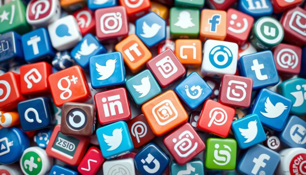 Generate an image of various social media icons on a digital screen.