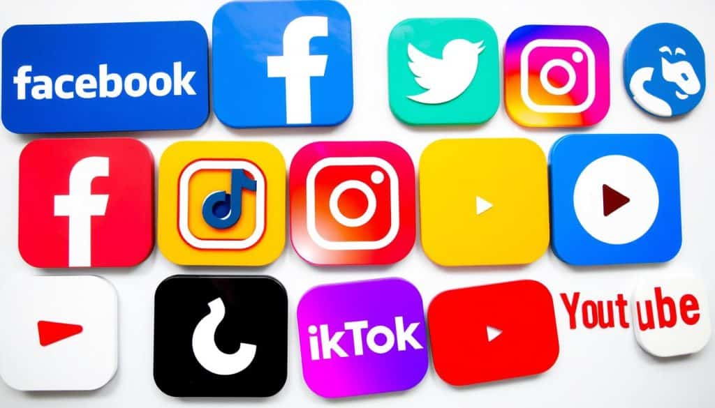 Generate an image of various social media platforms like Facebook, Instagram, TikTok, and YouTube