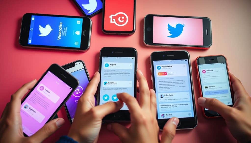 Generate an image of various social media platforms on mobile devices with engagement metrics displayed.