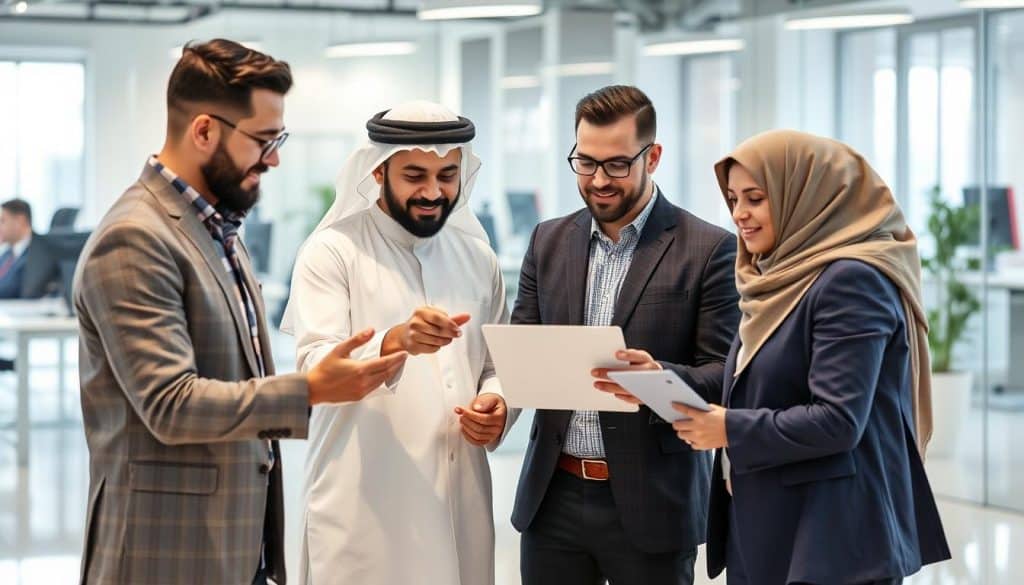 Generate an image representing B2B marketing and lead generation specialists working together with businesses in Qatar.