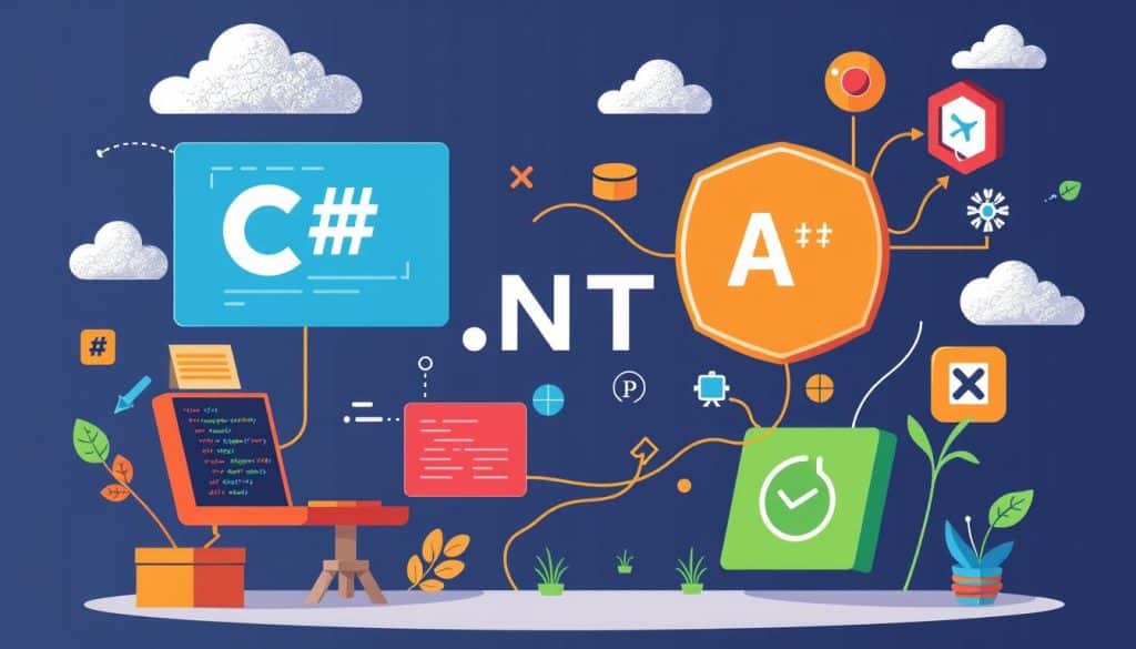 Generate an image representing C# and .NET MAUI, highlighting code sharing and native UI components.