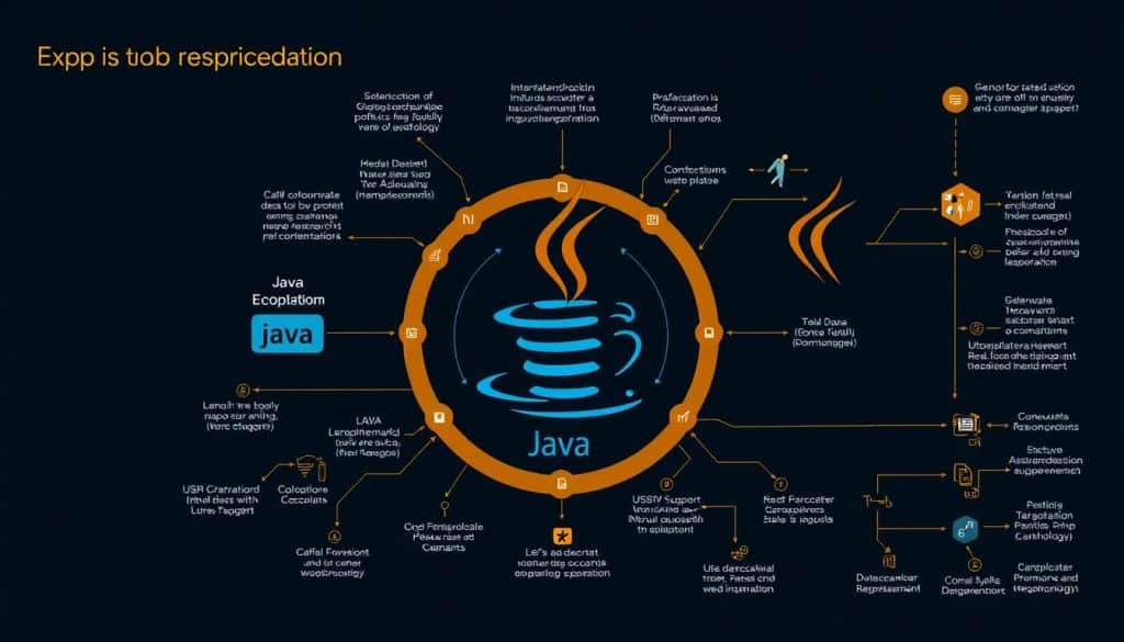 Generate an image representing Java's role in enterprise web development, such as a diagram showing Java's ecosystem or a graph illustrating its scalability.