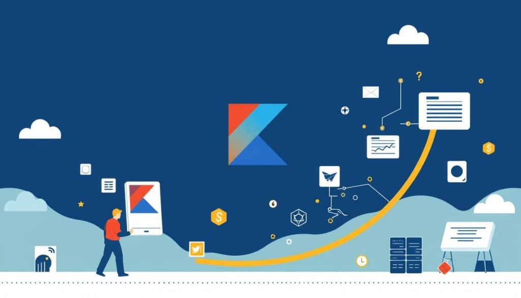 Generate an image representing Kotlin's transition from Android development to full-stack web development.