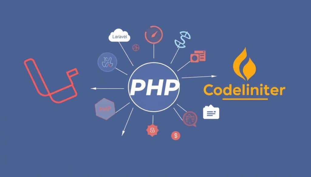 Generate an image representing PHP frameworks like Laravel, Symfony, and CodeIgniter