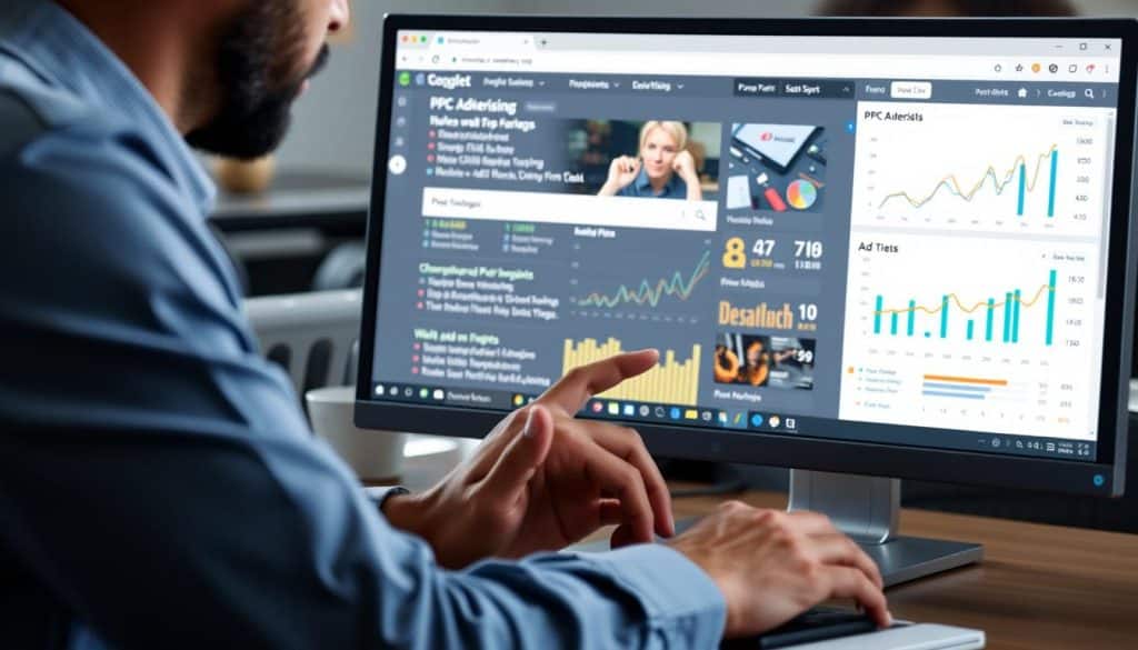 Generate an image representing PPC advertising, such as a search engine results page with ads or a marketer analyzing ad performance.