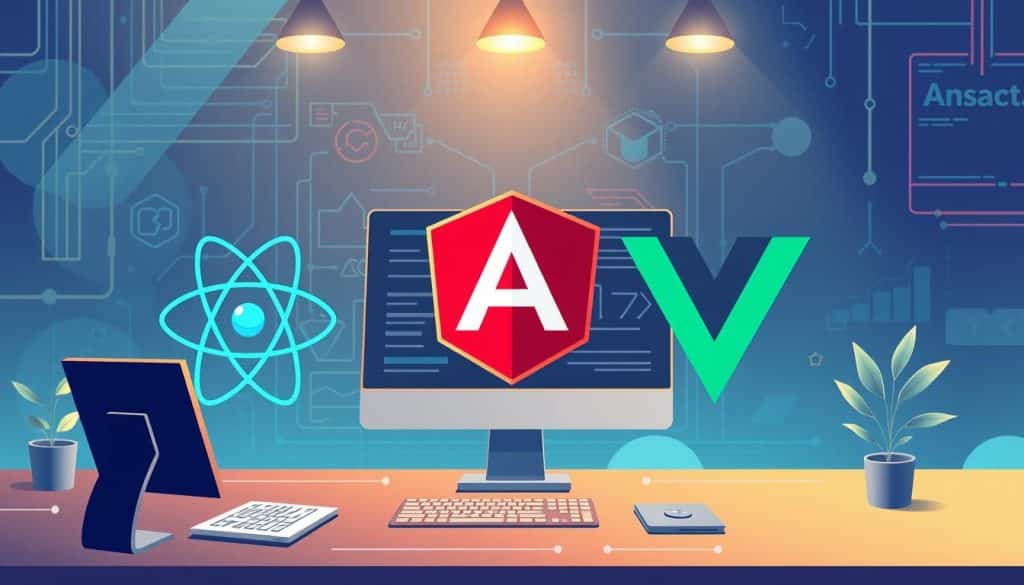 Generate an image representing React, Angular, and Vue.js frameworks