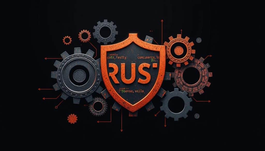 Generate an image representing Rust programming language's safety and performance features.