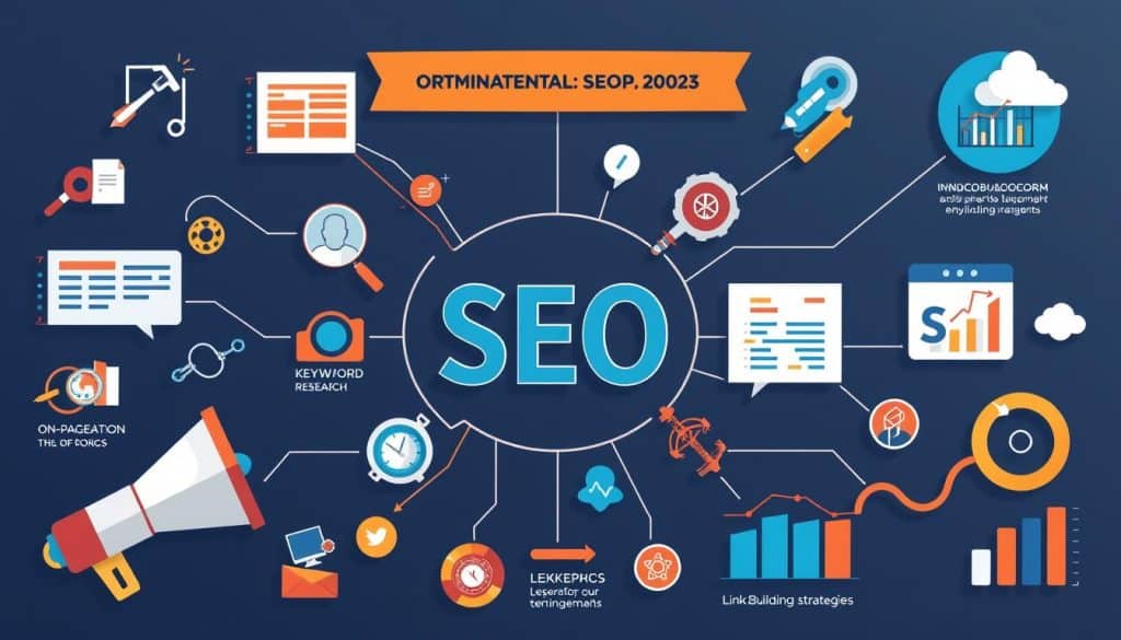 Generate an image representing SEO fundamentals, including elements like keyword research, on-page optimization, and link building.