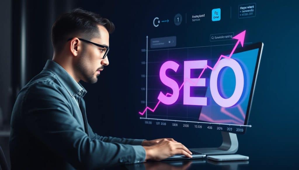 Generate an image representing SEO services, such as a graph showing improved search engine rankings or a person optimizing a website.
