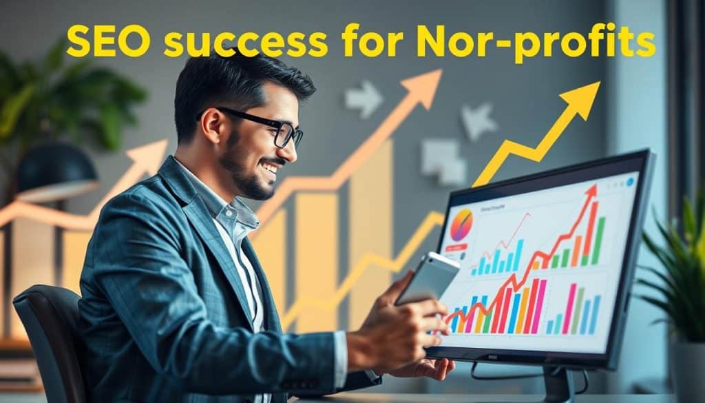 Generate an image representing SEO success for non-profits, such as a graph showing increased traffic or a non-profit professional analyzing data.