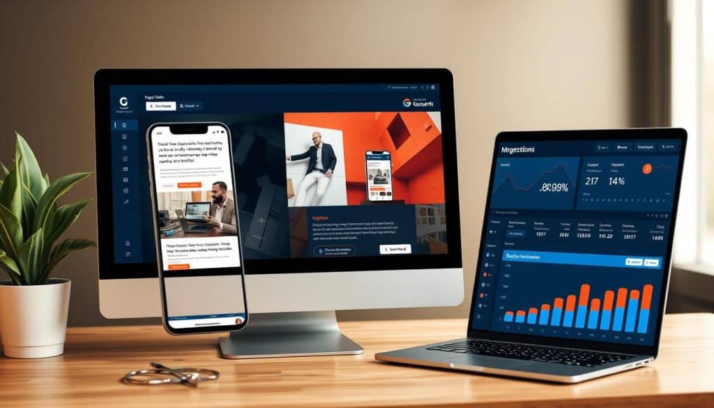 Generate an image representing a PPC campaign with targeted ads and a dashboard showing ad performance.