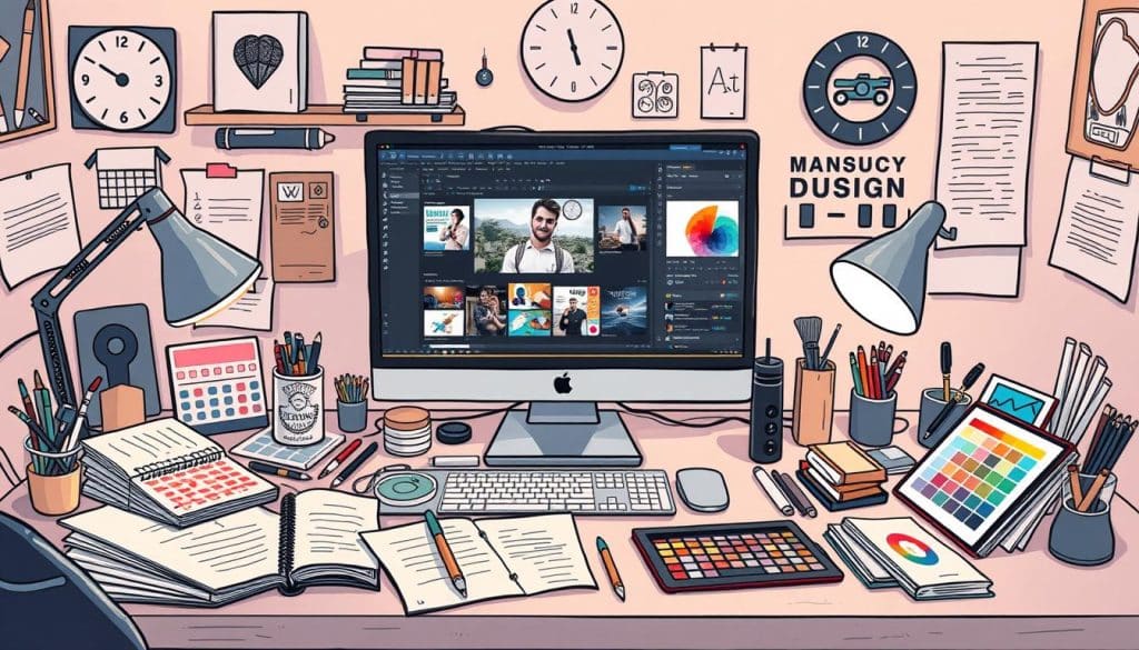 Generate an image representing a UI/UX designer's workspace with various design tools.