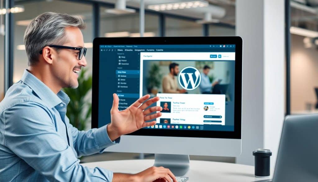 Generate an image representing a business professional interacting with a WordPress frontend interface on a computer screen. Generate an image representing a business professional interacting with a WordPress frontend interface on a computer screen.