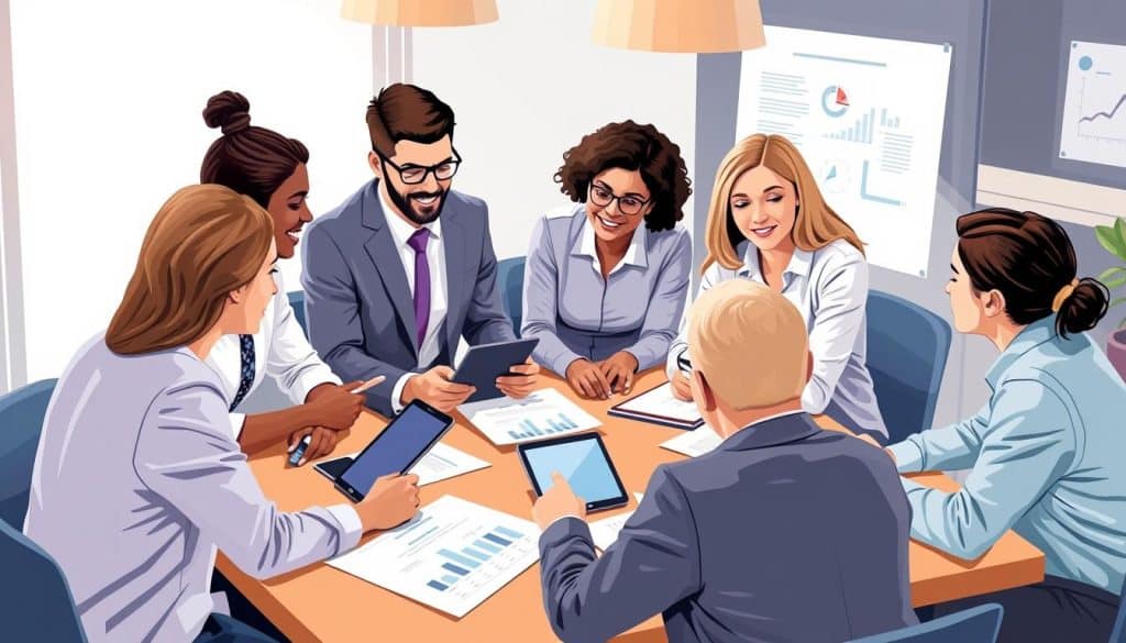 Generate an image representing a business team selecting a development partner