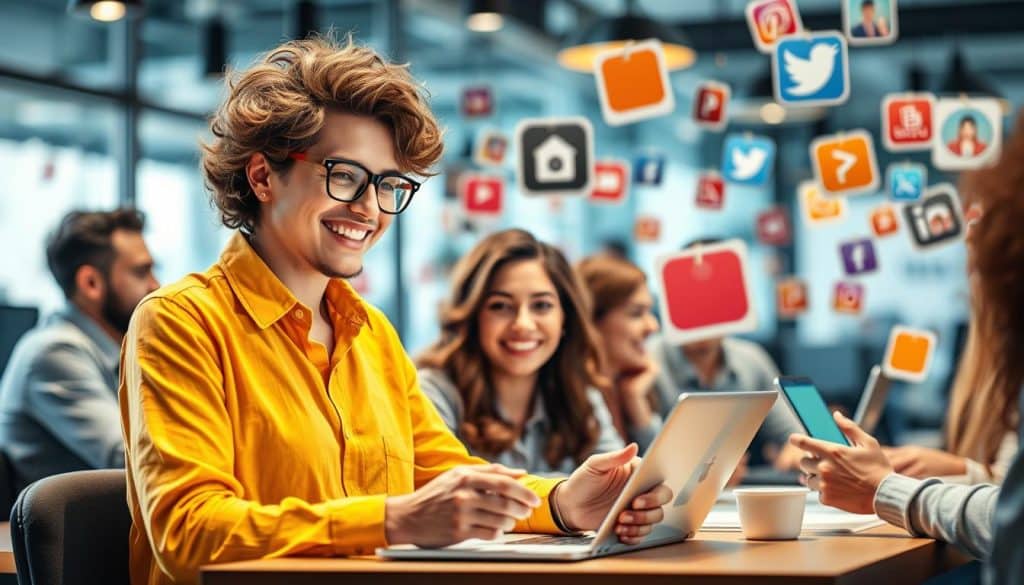Generate an image representing a business thriving with a strong social media presence.