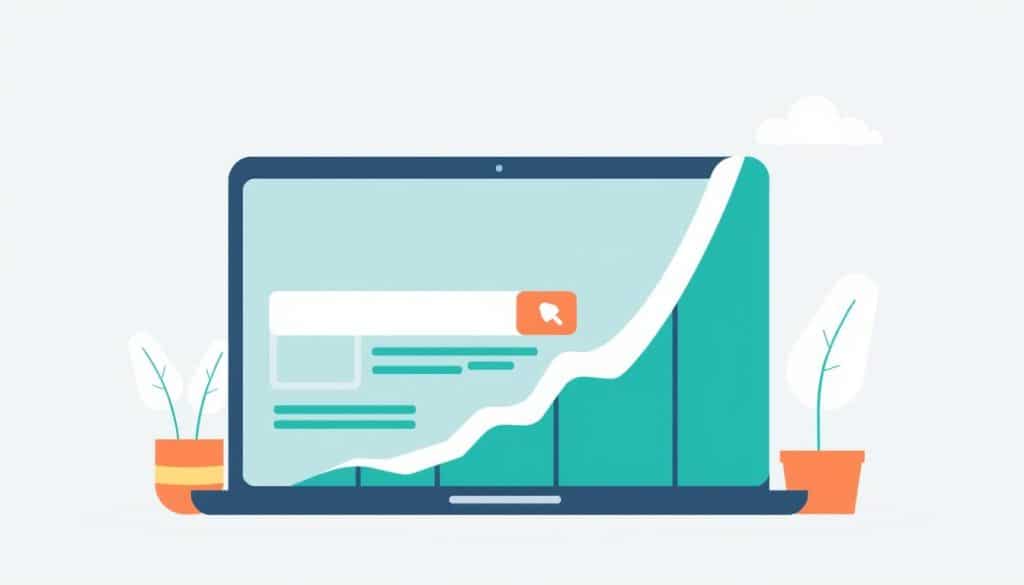 Generate an image representing a business website optimized for search engines, with a rising graph indicating increased traffic.
