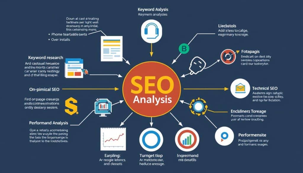 Generate an image representing a comprehensive SEO analysis process