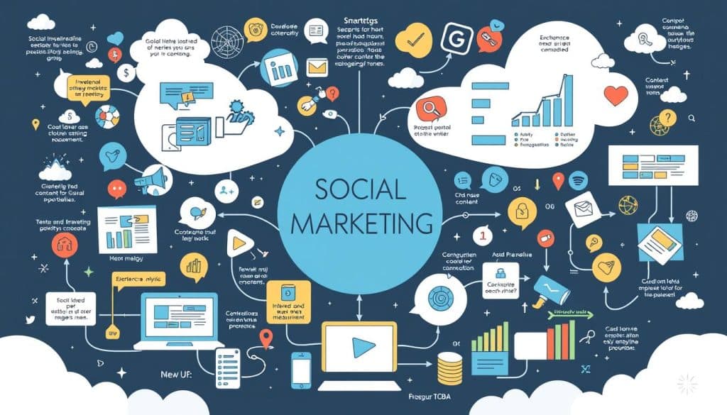 Generate an image representing a comprehensive social media marketing process.