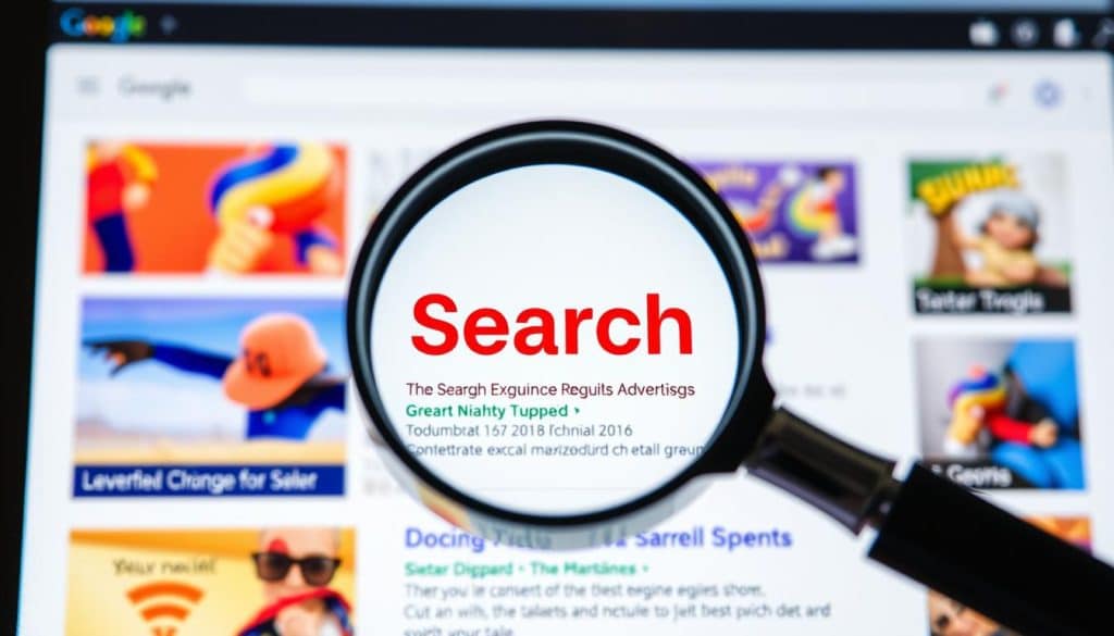 Generate an image representing a magnifying glass focusing on a search engine results page with highlighted ads.