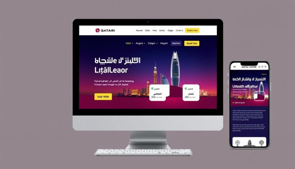 Generate an image representing a modern Qatari business website on a desktop and mobile device.