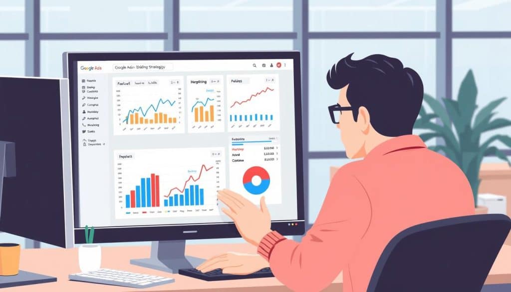 Generate an image representing a person analyzing Google Ads bidding strategies on a computer screen. Generate an image representing a person analyzing Google Ads bidding strategies on a computer screen.