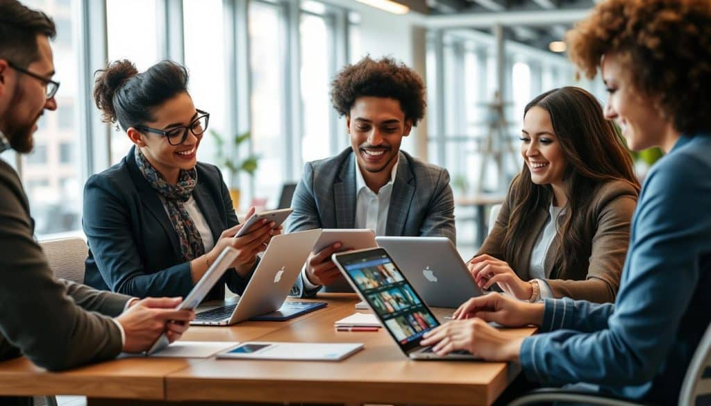 Generate an image representing a team collaborating using various collaboration tools on their devices.