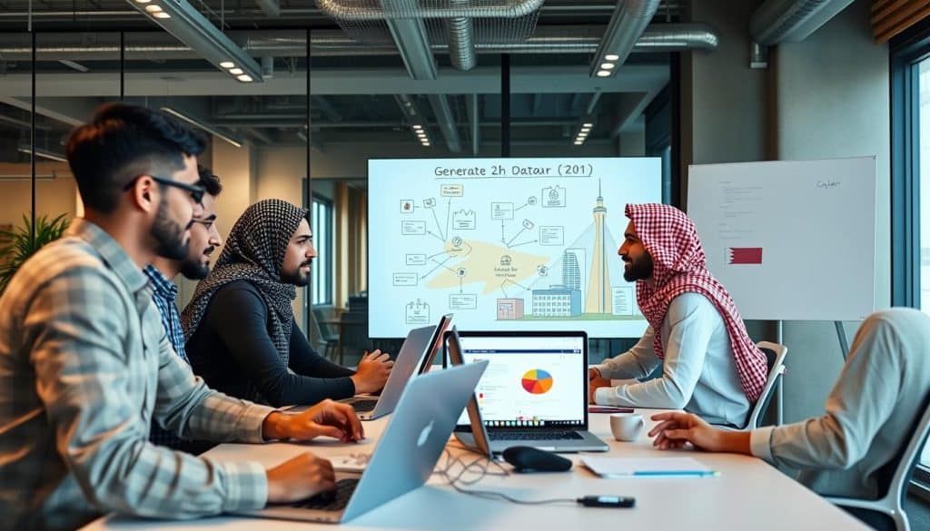 Generate an image representing a team of web developers working on a project in Qatar