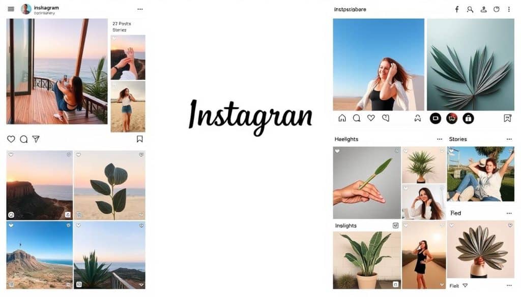 Generate an image representing an Instagram business account with various visual content examples.