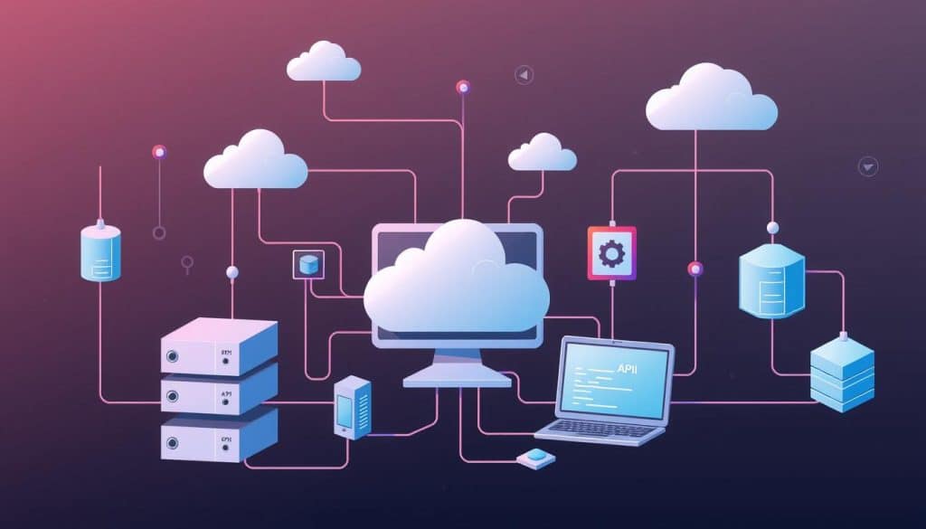 Generate an image representing backend development with servers, databases, and APIs.
