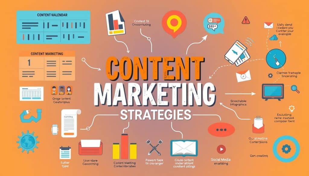 Generate an image representing content marketing strategies, including a content calendar, diverse content types, and distribution channels.