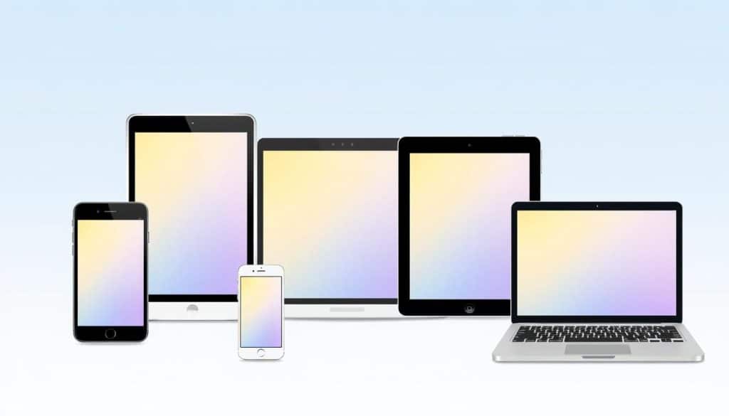 Generate an image representing cross-platform app development, showing multiple devices with the same app running on them.