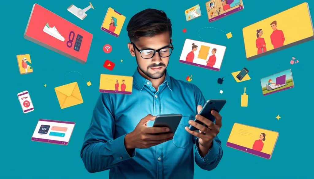Generate an image representing digital advertising, such as a person using a smartphone with various ads floating around it. Generate an image representing digital advertising, such as a person using a smartphone with various ads floating around it.