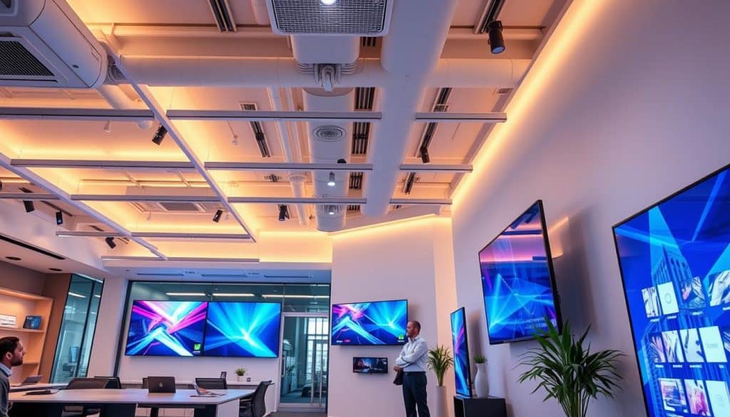 Generate an image representing digital signage in a modern business setting.