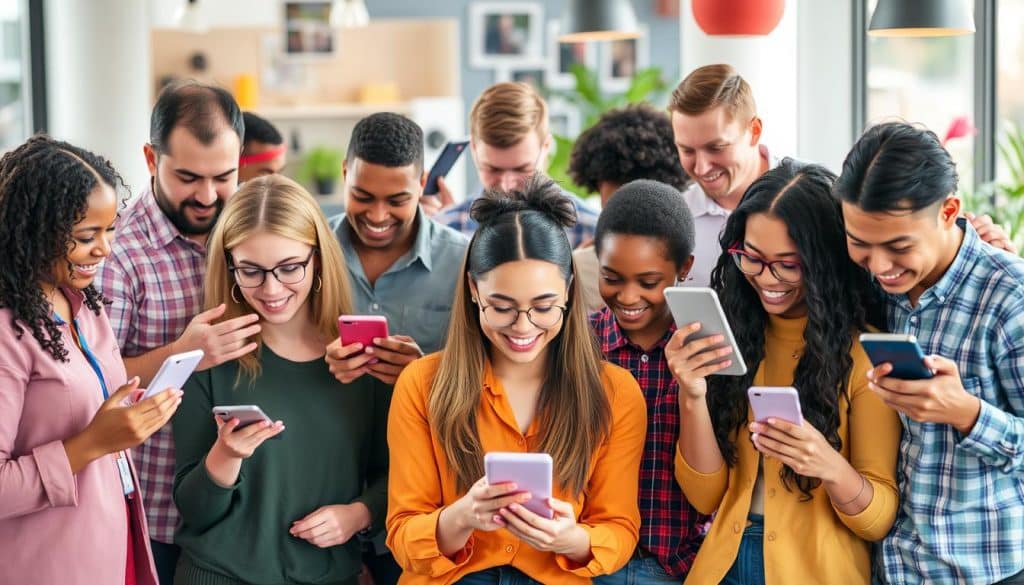 Generate an image representing diverse people engaging with various social media platforms on their devices.