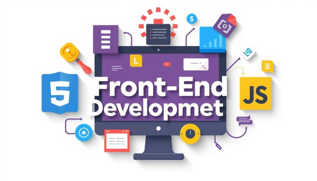 Generate an image representing front end development, including coding languages like HTML, CSS, and JavaScript.