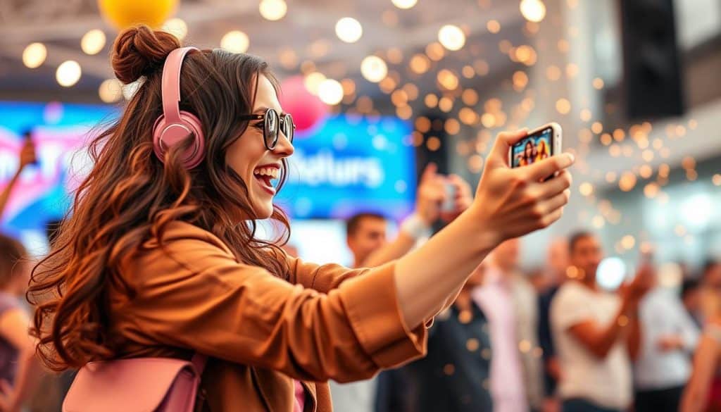Generate an image representing influencer marketing, featuring a social media influencer promoting a brand.