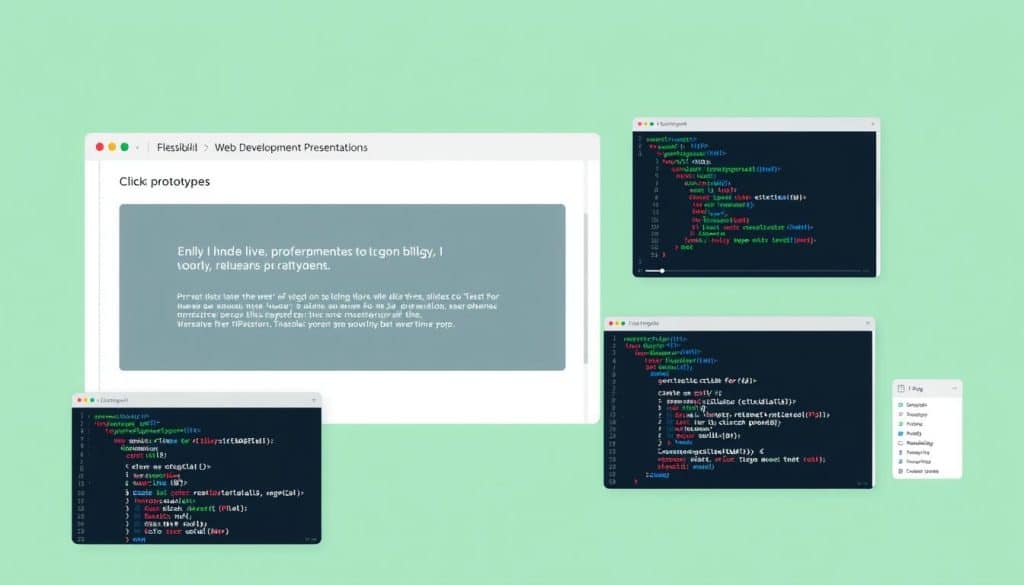 Generate an image representing interactive web development slides with live code examples and clickable prototypes.