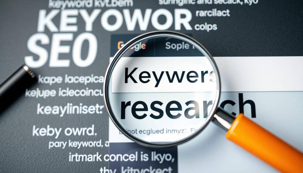 Generate an image representing keyword research for SEO, including elements like a magnifying glass, keywords, and a search engine.