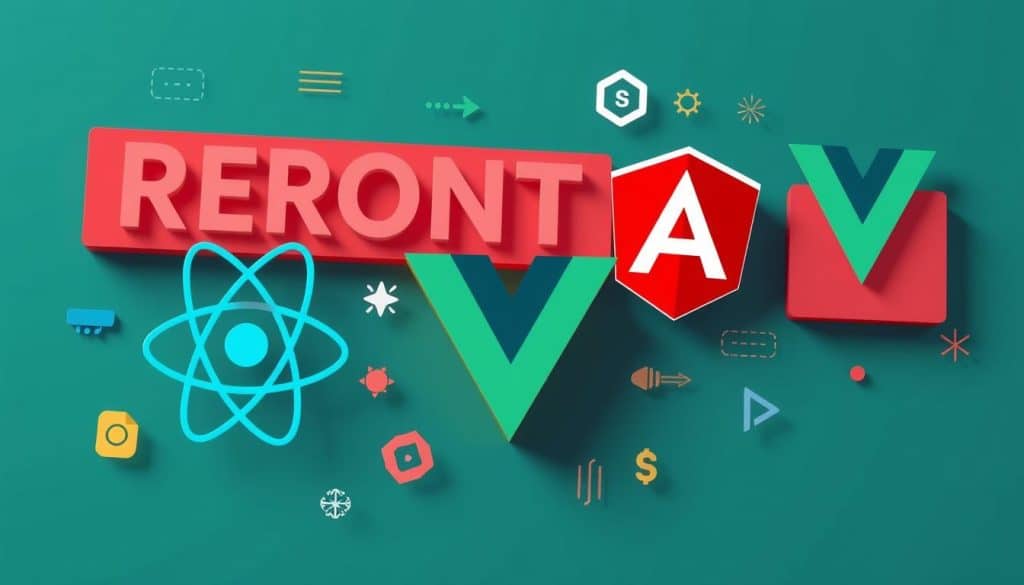 Generate an image representing modern frontend development with React, Angular, and Vue.js
