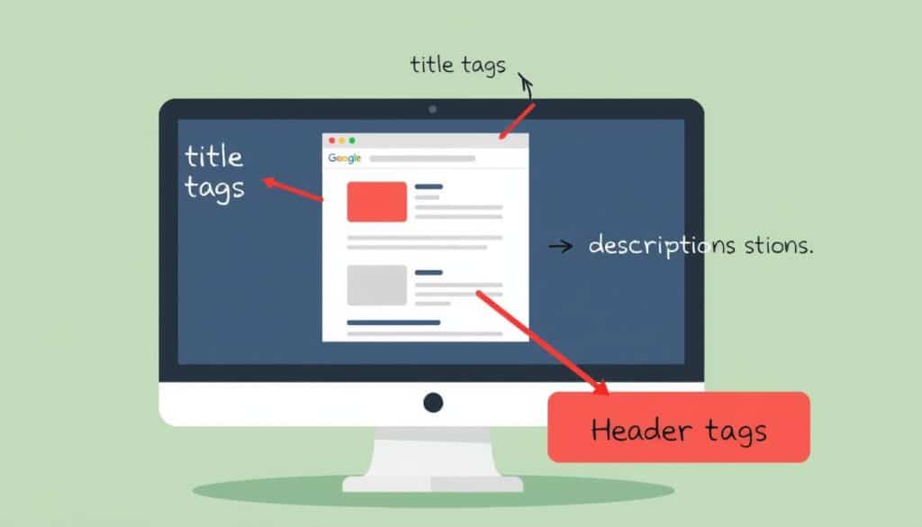 Generate an image representing on-page SEO optimization techniques, such as a website on a screen with highlighted title tags, meta descriptions, and header tags.