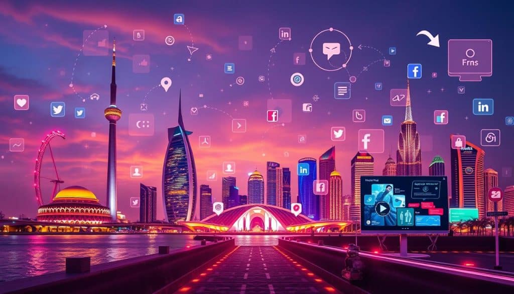 Generate an image representing social media and PPC campaign management in Qatar