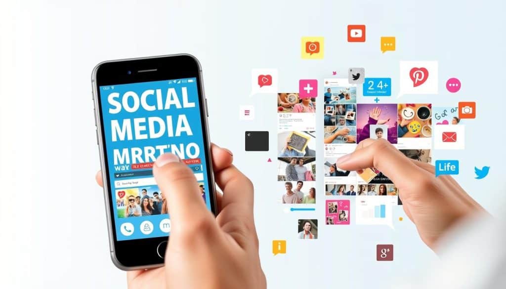 Generate an image representing social media marketing, such as a person engaging with content on a smartphone or a brand's social media page.