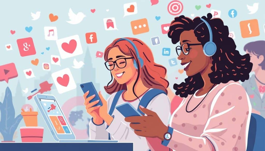 Generate an image representing social media marketing, such as a person engaging with content on a social media platform. Generate an image representing social media marketing, such as a person engaging with content on a social media platform.